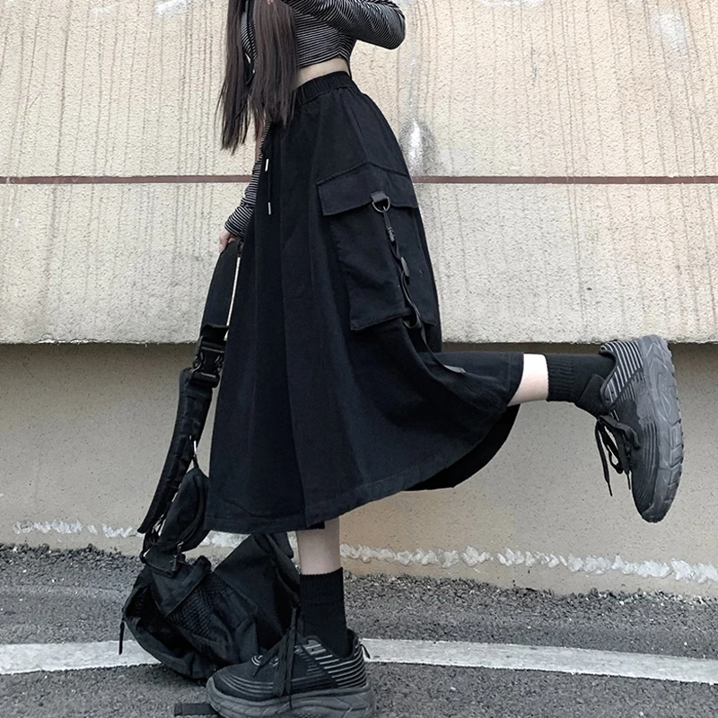 Летний костюм Harajuku Для женщин 2021 Новый Средний Длина черный Высокая Талия