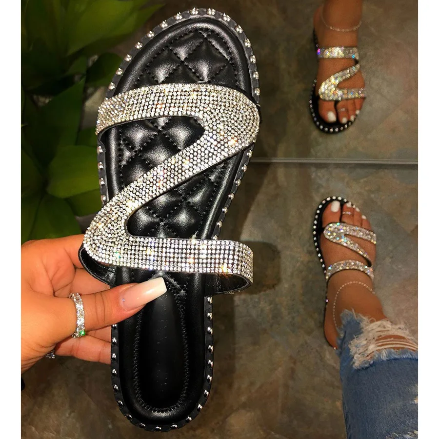 Сланцы стразы женские пляжные шлепанцы с кристаллами блестящие сандалии без