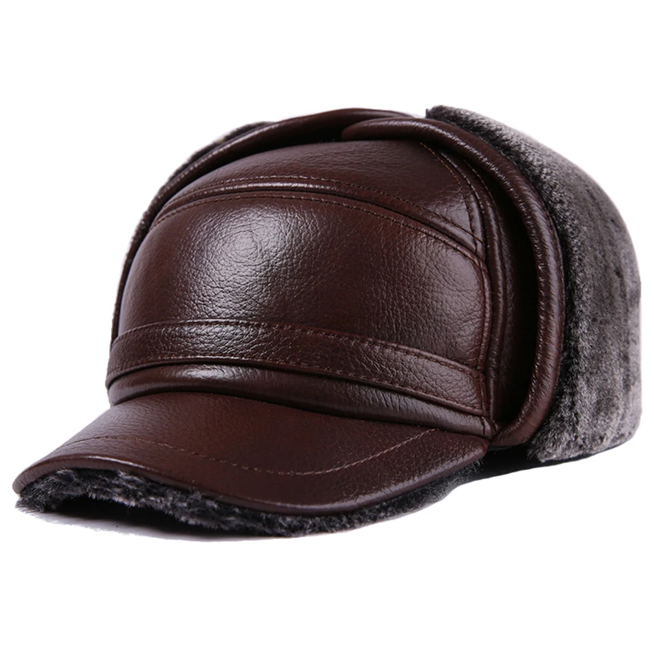 dark brown cap BUTTERMERE, зимние бейсболки для мужчин, коричневая теплая шапка-бомбер с ушанками из натуральной коровьей кожи, роскошные брендовые бейсболки - Цвет: dark brown cap