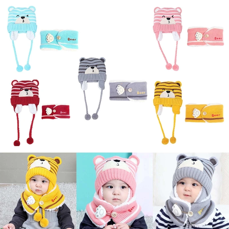 

Baby Cartoon Bear Embroidered Winter Warm Knitted Hat Earflap Neckerchief