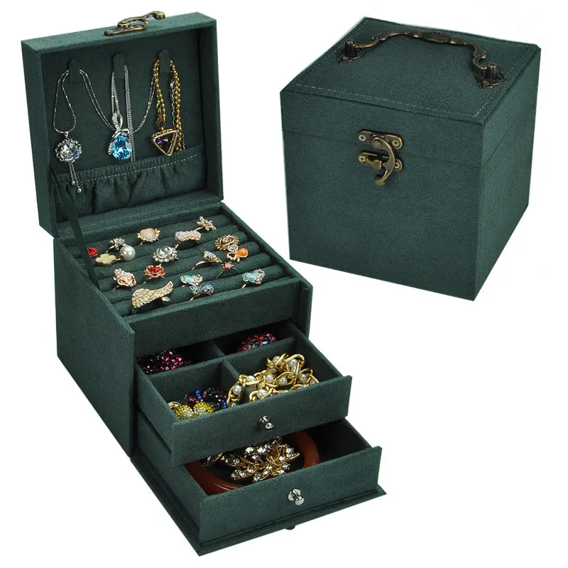 

Vintage Jewlery Box European-Style Small Multi-Layer Plaid Bracelet Ear Stud Princess Simple Jewelry Storage Cosmetic Case