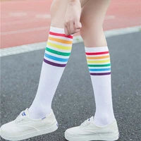 rainbow socks women knee socks cotton striped long calcetines korean style kawaii cute fun socks 1 pair medias