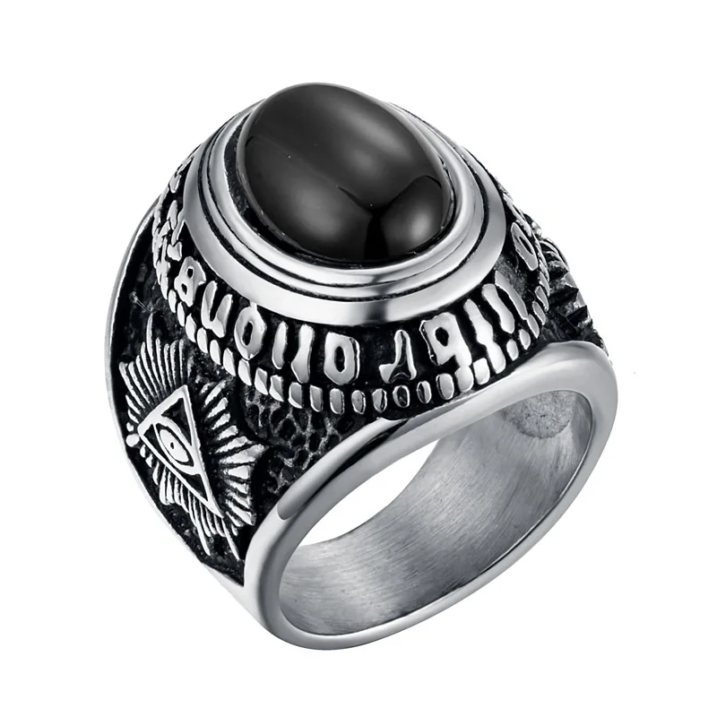 

Stainless steel Cool Unique satan Goat Black Stone Ring Titanium Steel Retro Old Totem Rings Jewelry For Man