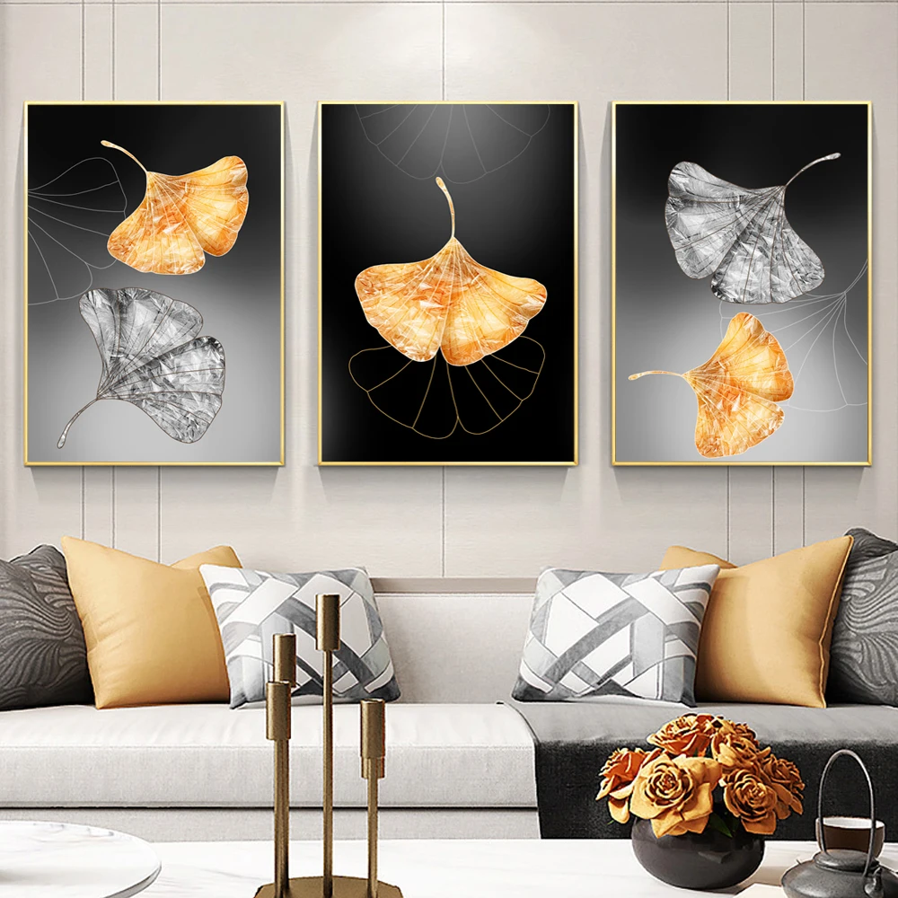 Абстрактный плакат с изображением серых золотых растений и листьев в