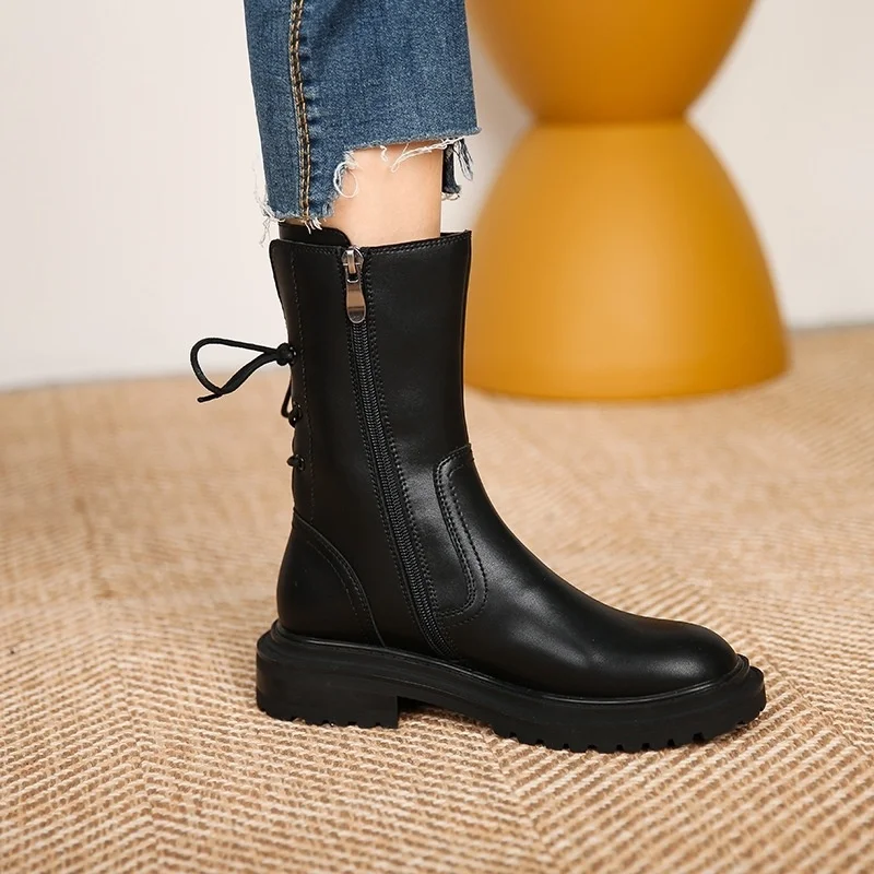 

autumn and winter 2021 new British style boots women's round head short tube thick bottom short boots with back
