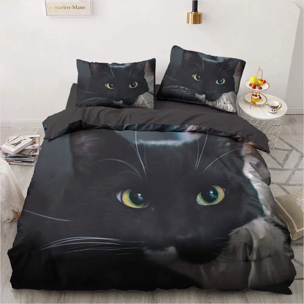 

3D Custom Design Pet Cat Quilt Cover Sets Animal Comforther Cases Pillow Cases 200*230cm Full Twin Double Size Black Bedding Set