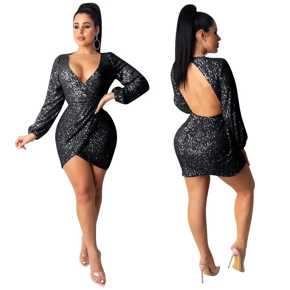 

Lady Black Golden Sequined Women Dress Full Sleeve Backless Sexy Party Mini Bandage Dress Autumn Package Hip JS0280