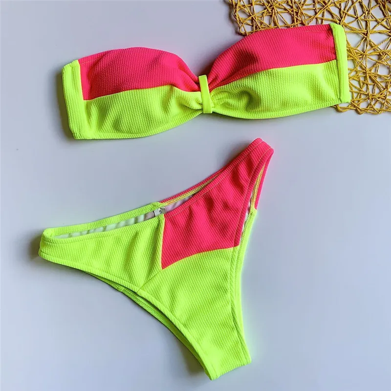 Сексуальный лоскутный бандо Бикини Набор ребристый с высоким вырезом купальник