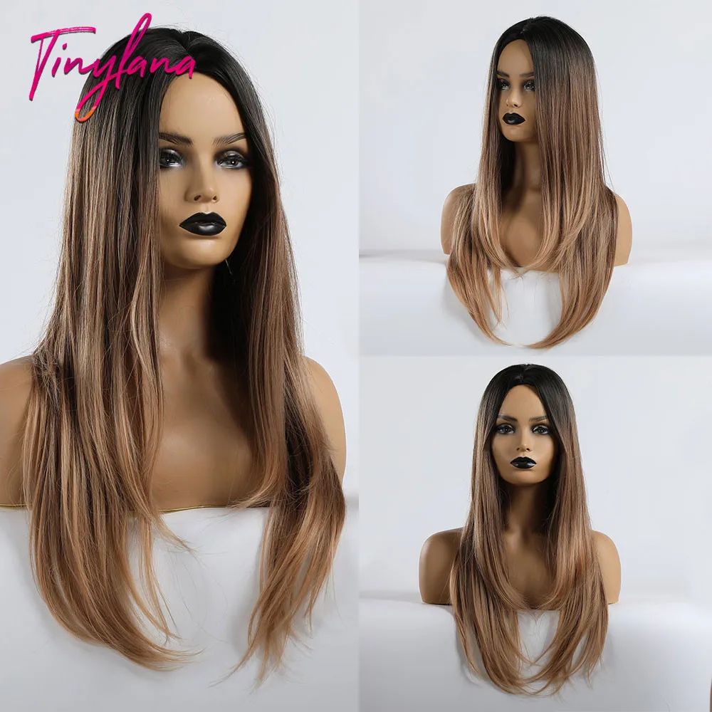 Длинные прямые парики TINY LANA средняя часть Инс стиль коричневые смешанные блонд