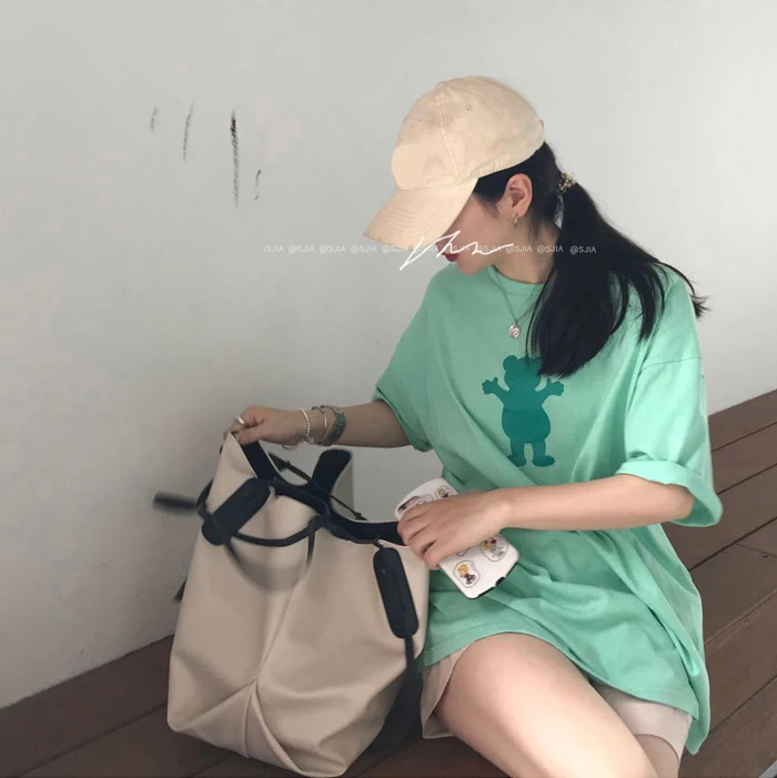 

T-shirt Women's Korean-Style Chic Bear Printed Green Loose Short Sleeve Summer 2021 Short round Neck All-Matching Top Fashion