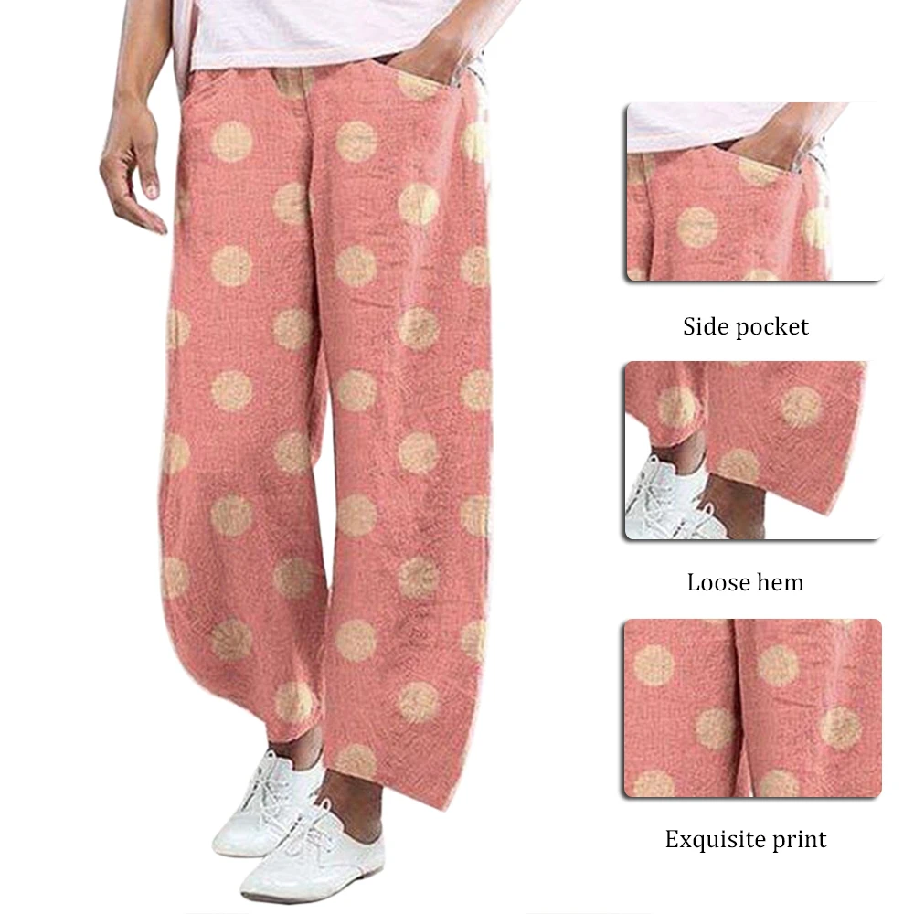 

2021 Summer Vintage Dot Printed Pants Trousers Women Cotton Linen Wide Pants Elastic Waist Loose Pantalon Plus Size Pant