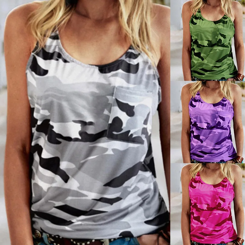 

Летний женский топ с принтом, модная женская Повседневная камуфляжная майка в армейском стиле, облегающие футболки без рукавов с круглым вы...