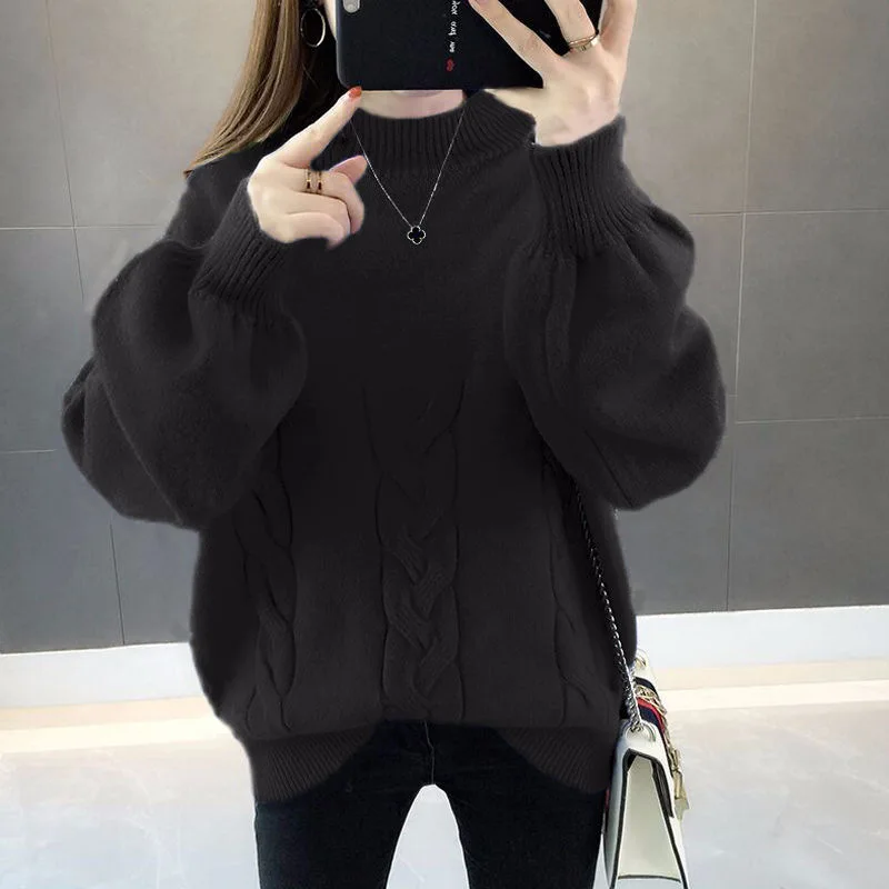 0.6 New Arrival Thick Winter Knitted Women Sweater Pink Half Turtleneck Solid Color Loose Pullover Korea | Женская одежда