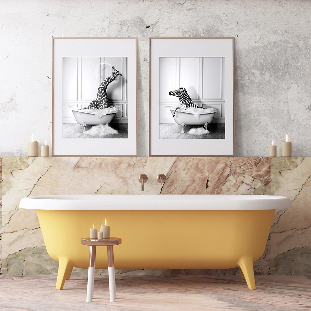 

Funny Giraffe Elephant Zebra Penguins in Tub Poster Painting Nordic Nursery Canvas Picture Wall Art Prints Bathroom Toilet Decor