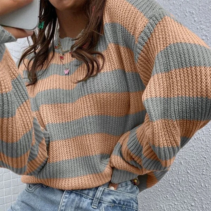 

Женский свободный свитер в полоску, трикотажные пуловеры оверсайз с круглым вырезом и длинным рукавом, Повседневные Удобные топы с открыты...