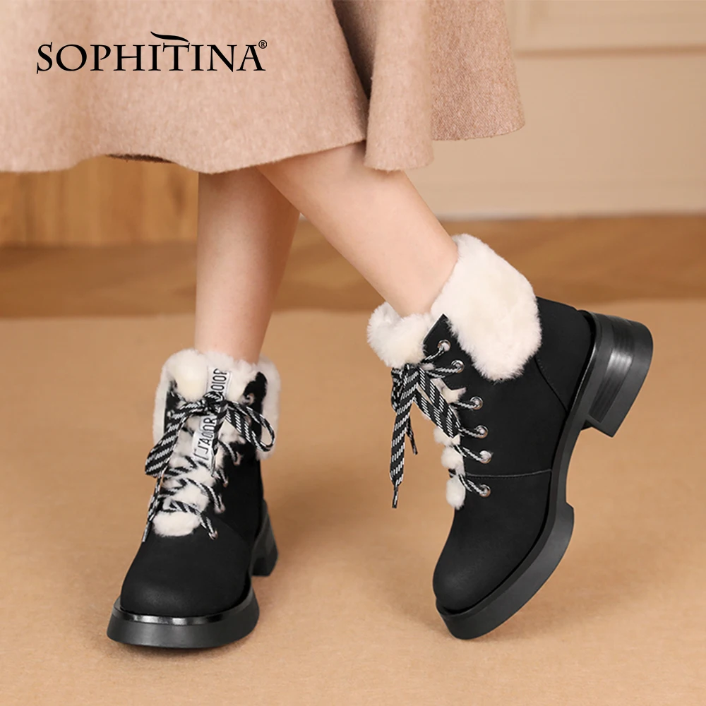 

Женские Теплые ботильоны SOPHITINA, зимние ботинки на шнуровке, с круглым носком, с плюшевой подкладкой, на квадратном каблуке, NO298