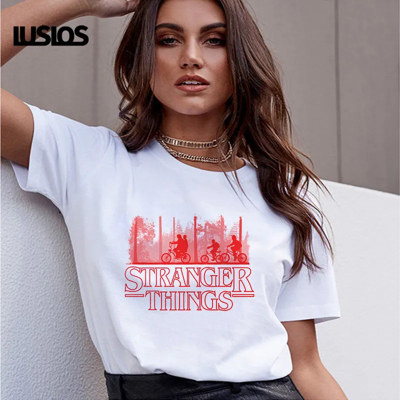 LUSLOS смешной фильм футболка Stanger вещи принт Для женщин летние шорты рукав Повседневное белая футболка с круглым вырезом топы для женщин Harajuku футболки для девочек