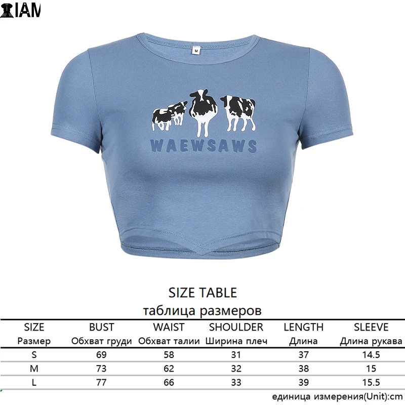

IAMSURE Slim Cartoon Cow Printed Tshirts Casual Short Sleeve O-Neck Crop Top Women 2021 Summer Streetwear Y2K Aesthetic Tees