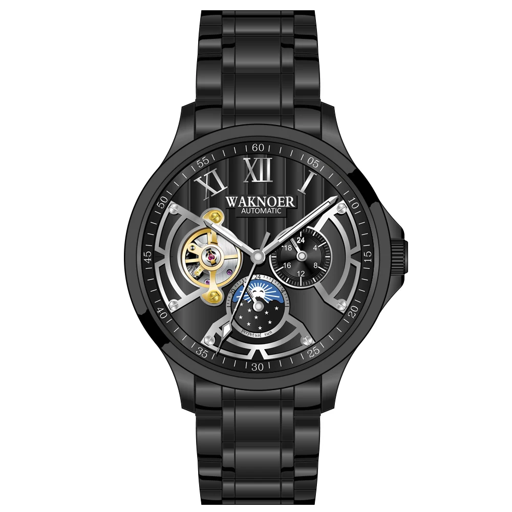 black silver alloy WAKNOER автоматические механические часы для мужчин из нержавеющей стали водонепроницаемый Moon Phase светящиеся роскошные золотые бизнес Tourbillon Montre Homme - Цвет: black silver alloy