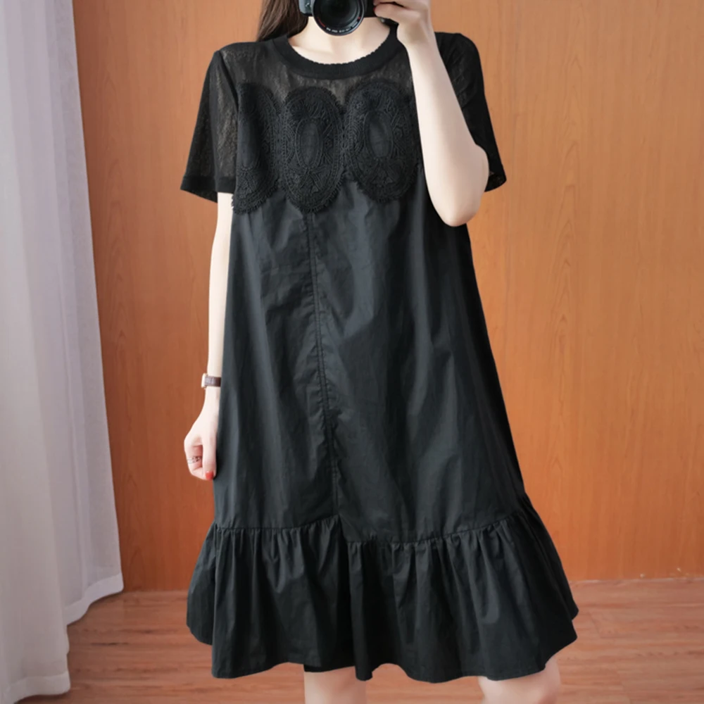 

2021 Summer New Dress Japanese Style Solid Color Round Neck Lace Splicing Summer Perspective Simplicity Casual Women's Clothing