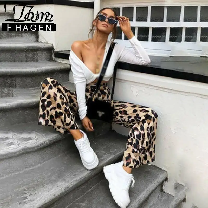 Брюки женские с широкими штанинами повседневные мешковатые леопардовые штаны в