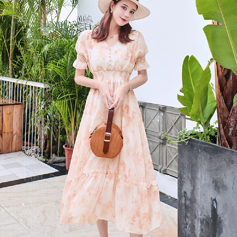 Женское шифоновое платье, модельное элегантное винтажное праздничное платье в Корейском стиле, длинное пляжное платье для отпуска в стиле ...