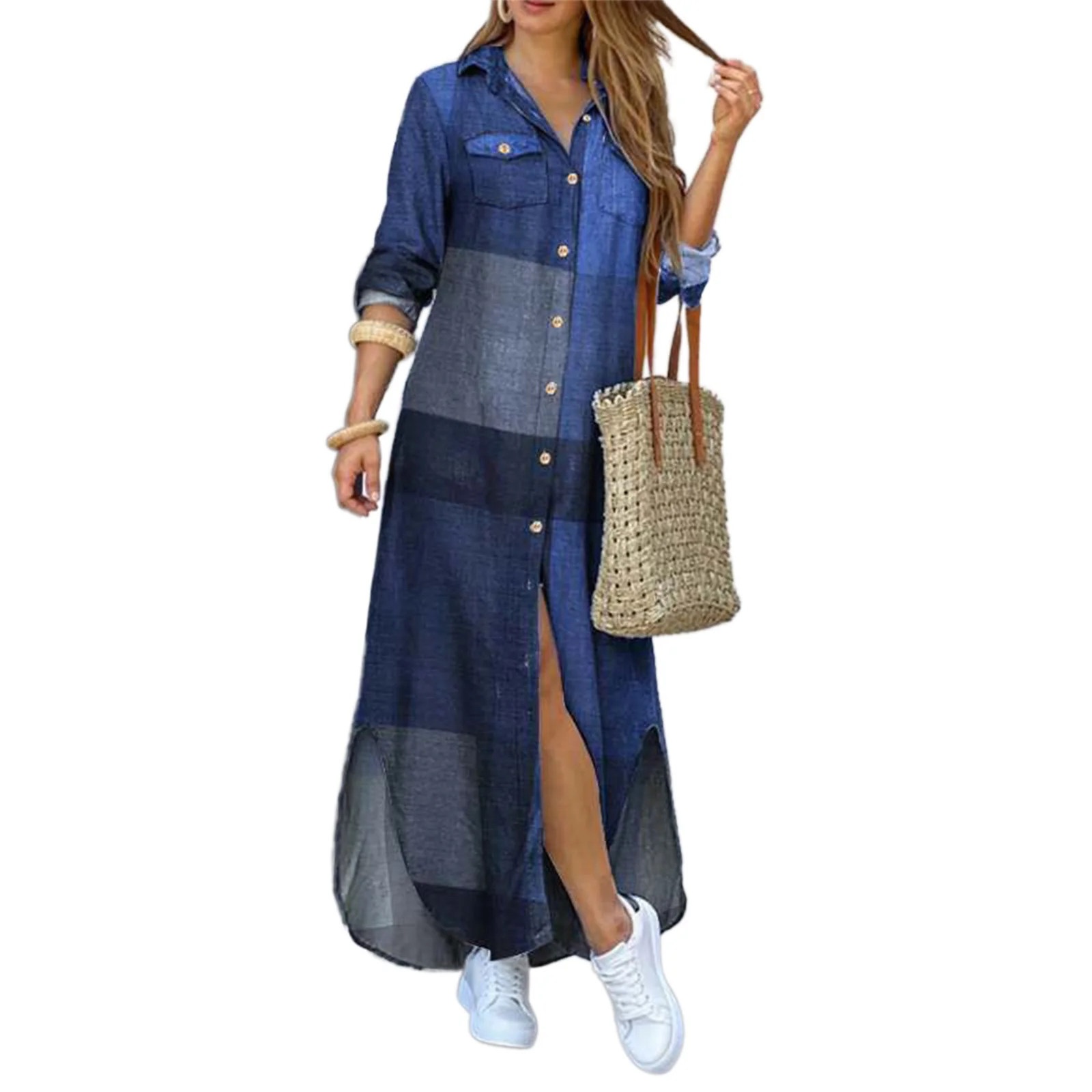 

Women Patchwork Straight Long Dress Hem Split Pocket Female Fashion Shirt Long Sleeve V Neck Loose Button Party Dresses