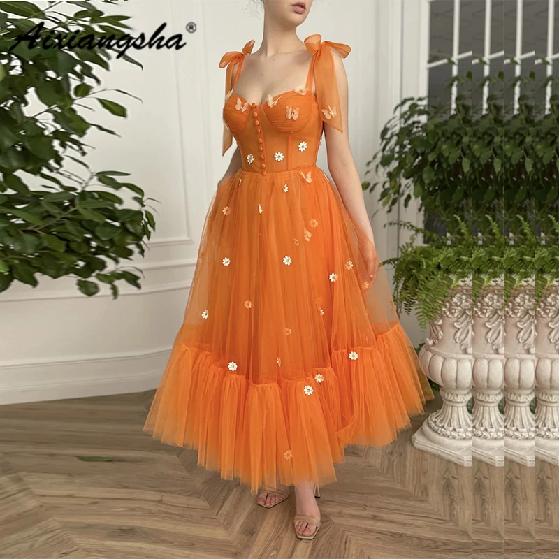 

Aixiangsha Orange Tulle Evening Dresses Bow Spaghetti Strap Butterfly Daisy Flowers Button Graduation Gowns French Style