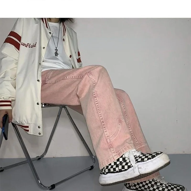 HOUZHOU Streetwear Vintage Green Baggy Jeans Women Hippie High Street Wide Leg Denim Pants Harajuku Oversize Loose Pink Trousers | Женская