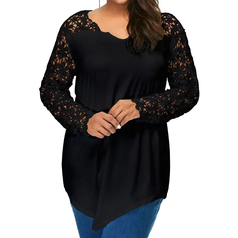 

Women Sexy Flower shirt Long Sleeve V-neck Lace Patchwork Casual Loose Blouse Spring and Autumn Pullover Plus Size