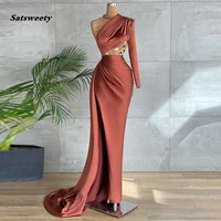 exquisite light brown satin mermaid prom dresses one shoulder long sleeve dimond pleats floor length evening gowns 2022