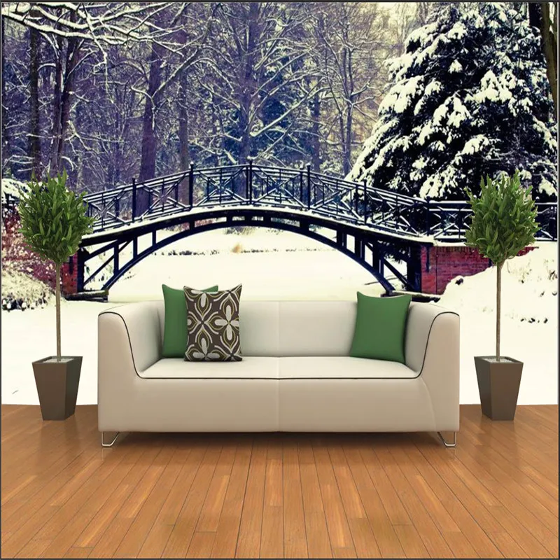 

Фотообои 3D для гостиной и спальни, Настенные обои с изображением старой моста в зимнем заснеженном парке, домашний декор