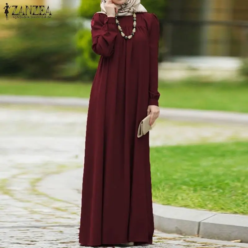 ZANZEA Women Autumn Dress Casual Long Sleeve Solid Maxi Long Vestido Kaftan Abaya Dubai Hijab Muslim Dress Loose Sundress S-