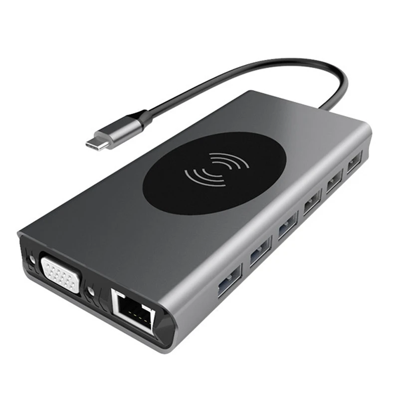 

15-In-1 Docking Station Type-C to VGA+USB3.0X4+USB2.0X3+SD+TF+ Compatible HDMI+Rj45+Pd+AUX+10W Wireless Charging HUB