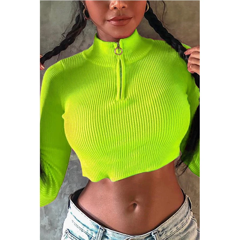 

Female Basic T-shirt Spring Autumn Ribbed T-shirts Ribbed Knit Tee Shirts Women Zipper Neck Long Sleeves Cropped Top Femme Tee