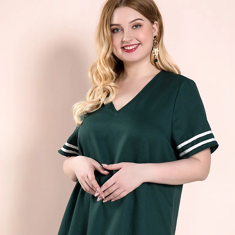 Женское Свободное платье с коротким рукавом Зеленое Длинное Платье V-образным