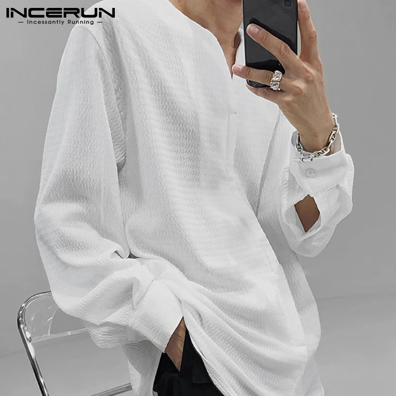 

INCERUN New Men Fashion Casual Blouse Long Sleeve Shirts Loose Comeforable Tops 2022 V Collar Fashion Leisure Simple Shirt S-5XL