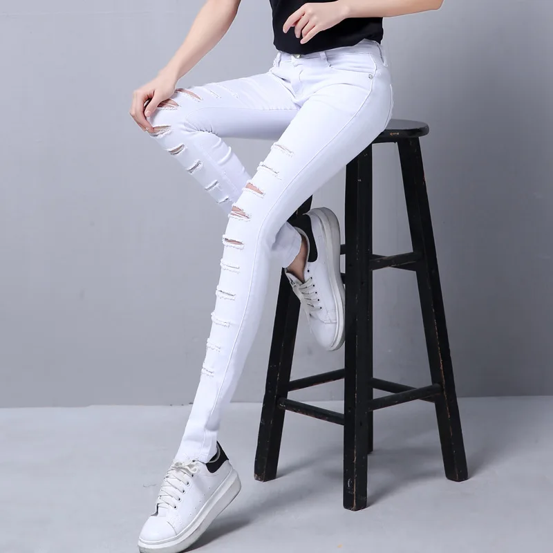 

Женские рваные узкие белые джинсы, женские повседневные черные джинсовые брюки-карандаш, уличная одежда со средней талией, эластичные базо...
