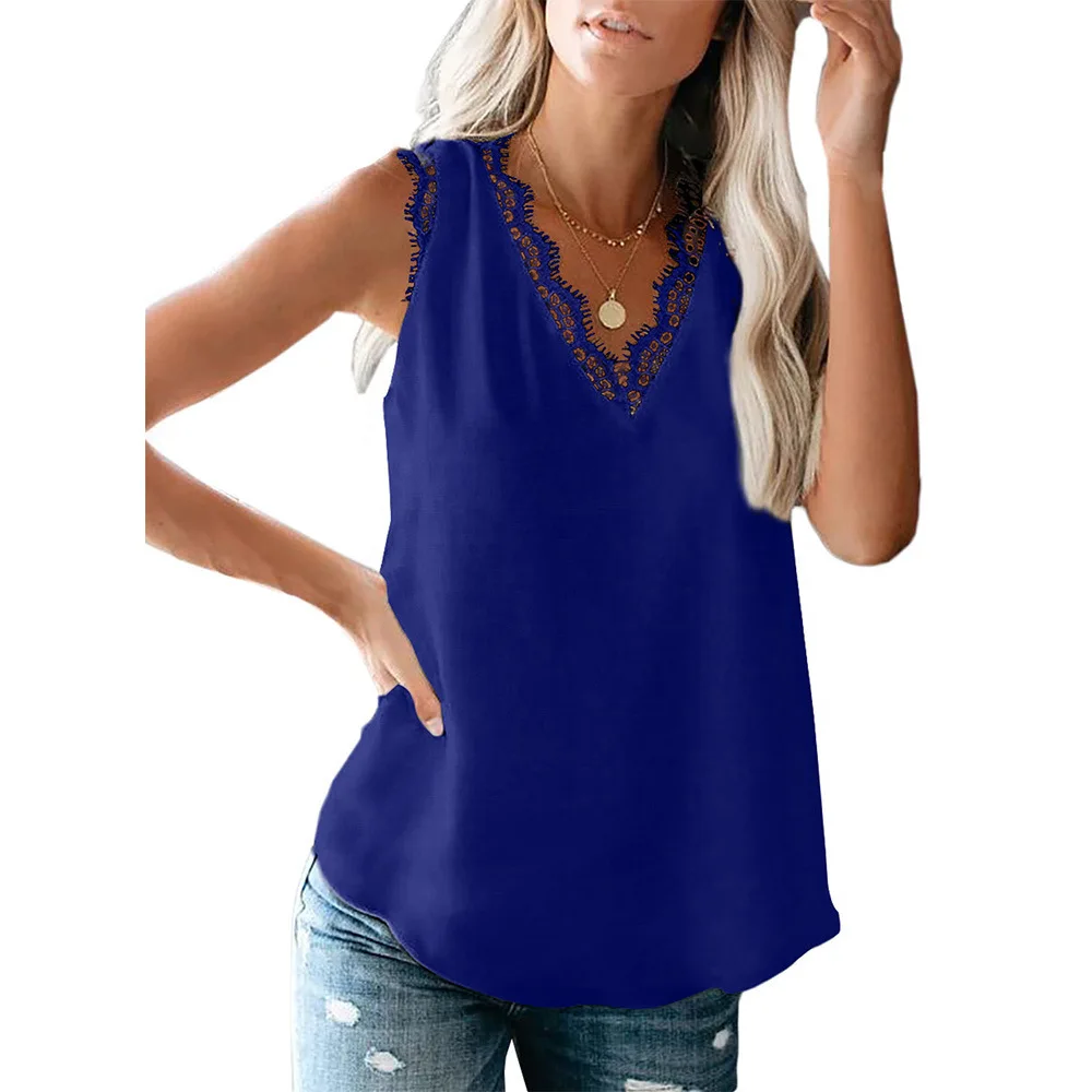 

Women's Base Sexy Vest Solid Color T-shirt Women's Summer New V-Neck Lace Sleeveless Loose Summer Beach Top Plus Size 3XL