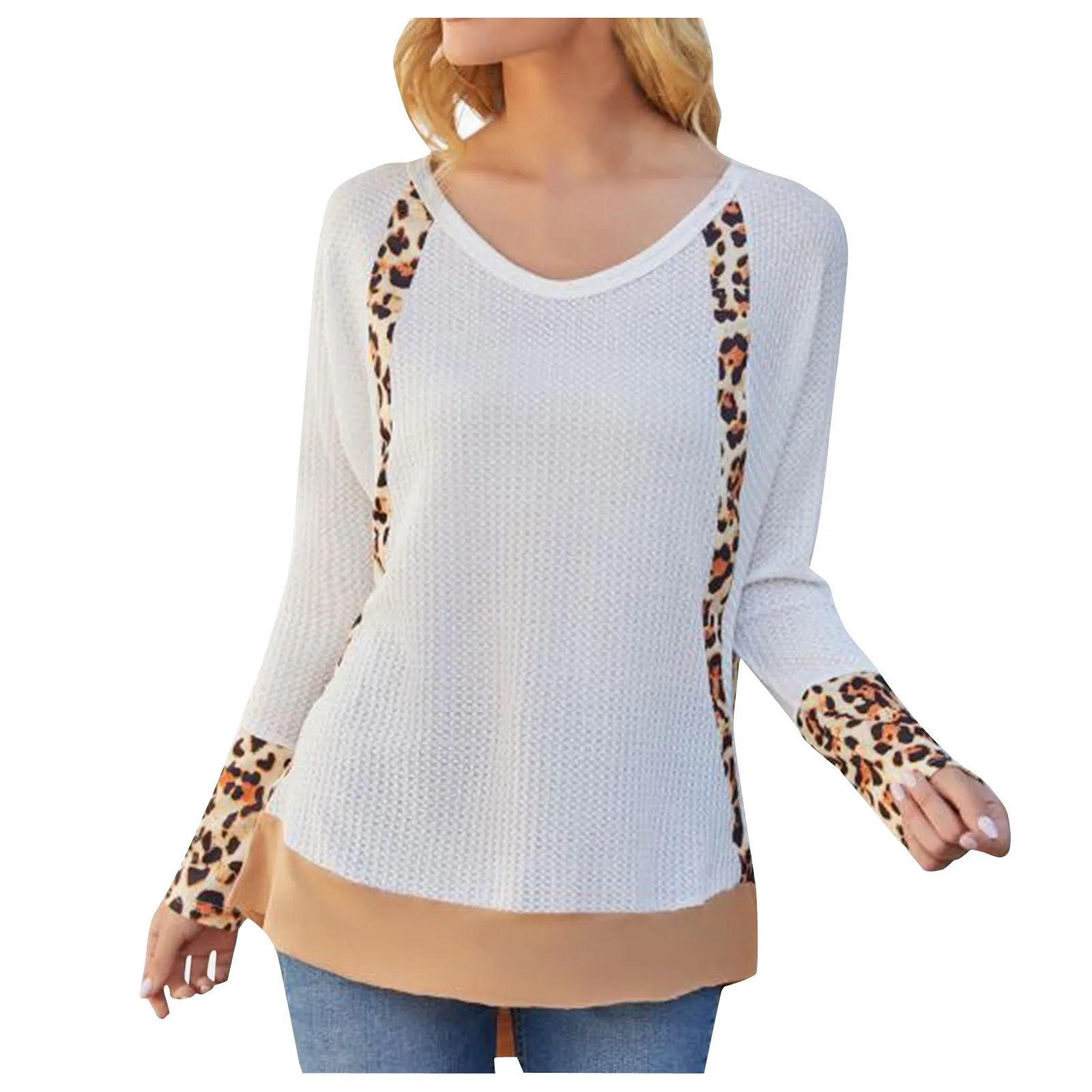 

Women's Leopard Printed Sweatshirts Casual Loose O Neck Patchwork Tops Pullover Long Sleeve Harajuku Clothes Sudadera Mujer