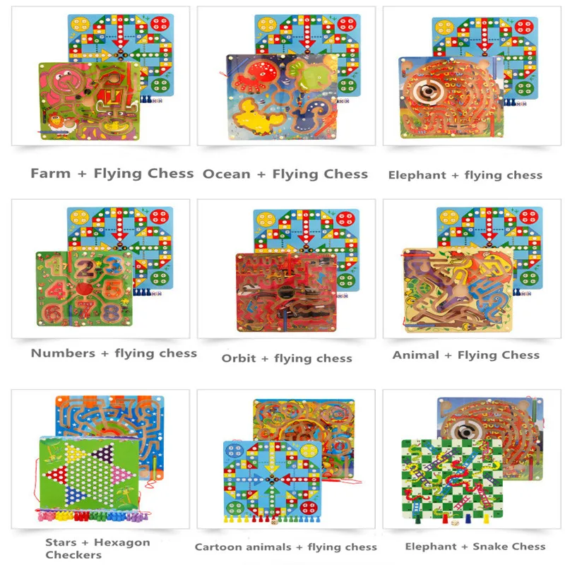 

Wooden Double-sided Pen Digital Maze Multiple Flying Chess Combinations Two-in-one Enlightenment Educational Orbital Toys Gift