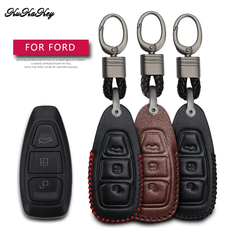 Leather Car Key Case Cover Protection Shell Skin For Ford Mondeo Mk4 Focus Kuga Fiesta Fusion Ecosport Car Keyring Keychain