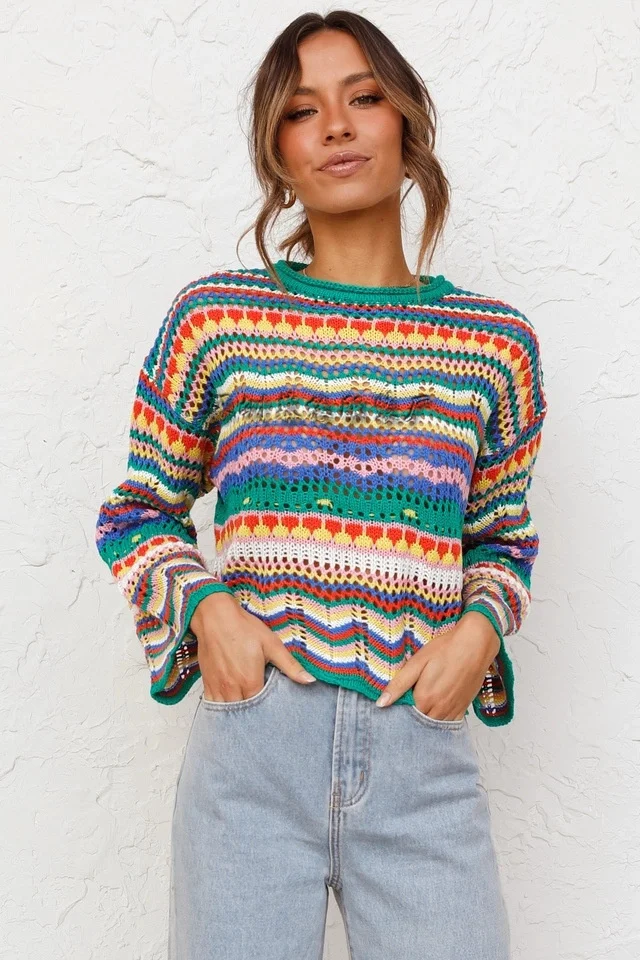 

Autumn Winter Women Stitching Warm Thicken Sweaters Loose Medium Rainbow Pullovers Crew Neck Stripe Knitted Sweater For Women