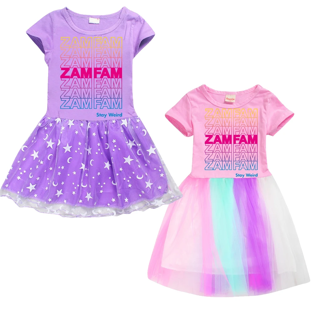

Girls Dress ZAMFAMING Rebecca Zamolo Princess Dresses Summer Kids Short Sleeve Rainbow Vestido Children Birthday Party Clothing