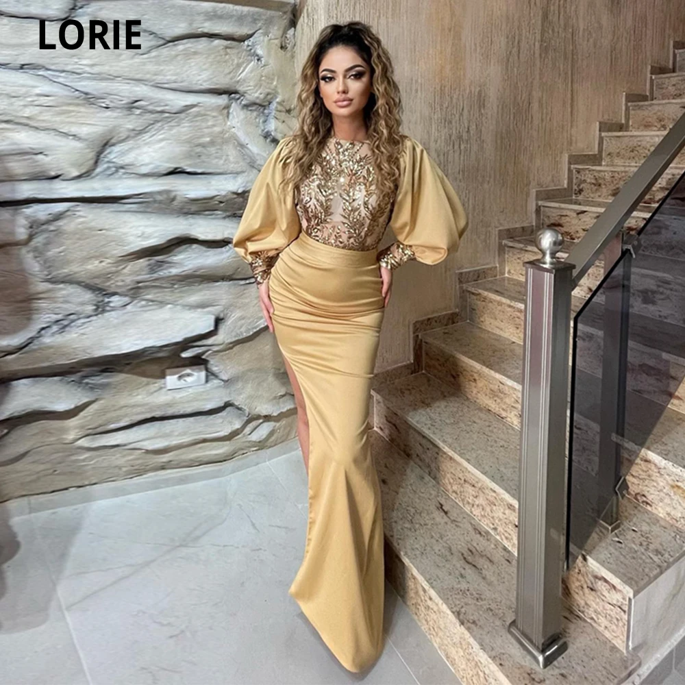

LORIE Yellow Saudi Arabia Long Evening Party Dress Appliques Sleeves Mermaid Plus Size Prom Gowns Engagement Vestidos De Fiesta