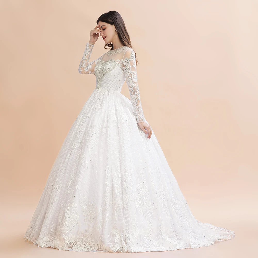 Real Photo Arabic Ivory Wedding Dress Luxury Crystal Beading Lace Ball Gown Applique Long Sleeve Zip Design Wedding Gowns