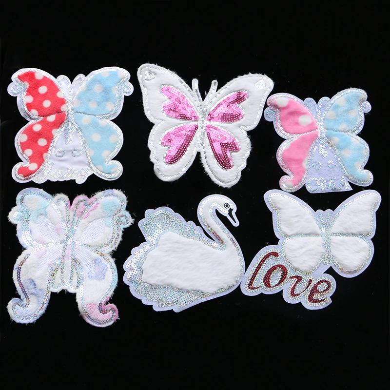 

Color flannel Patch Butterfly Swan Sequins icon Embroidered Applique Patches For kawaii clothes DIY Iron on Badges on a backpack