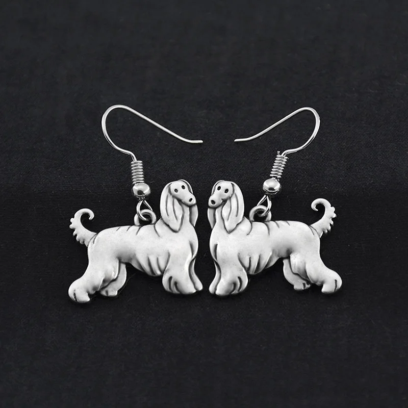 Античные серебряные серьги-подвески в форме собаки афганской Длинные большие