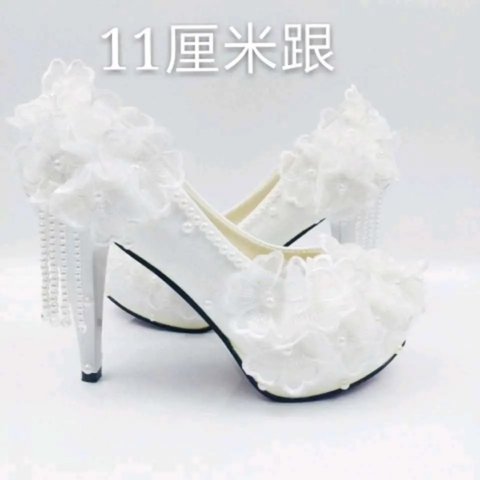 

Lace High-Heeled Shoes Korean-Style Sweet Flower Crystal Tassel Bride Wedding Shoes Bridesmaid Shoes Studio Single Shoes Women