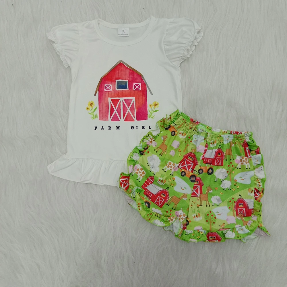 

Toddler clothing sets summer farm print design ruffle shorts design short sleeve top outfits baby girls no moq clothes